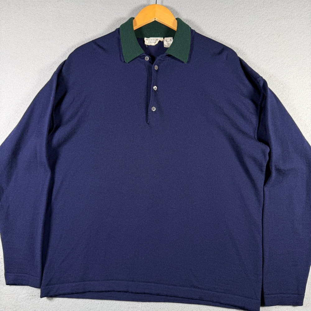 Belvedere Florence Italy Wool Knit Long Sleeve Polo Shirt Navy Blue Green Large
